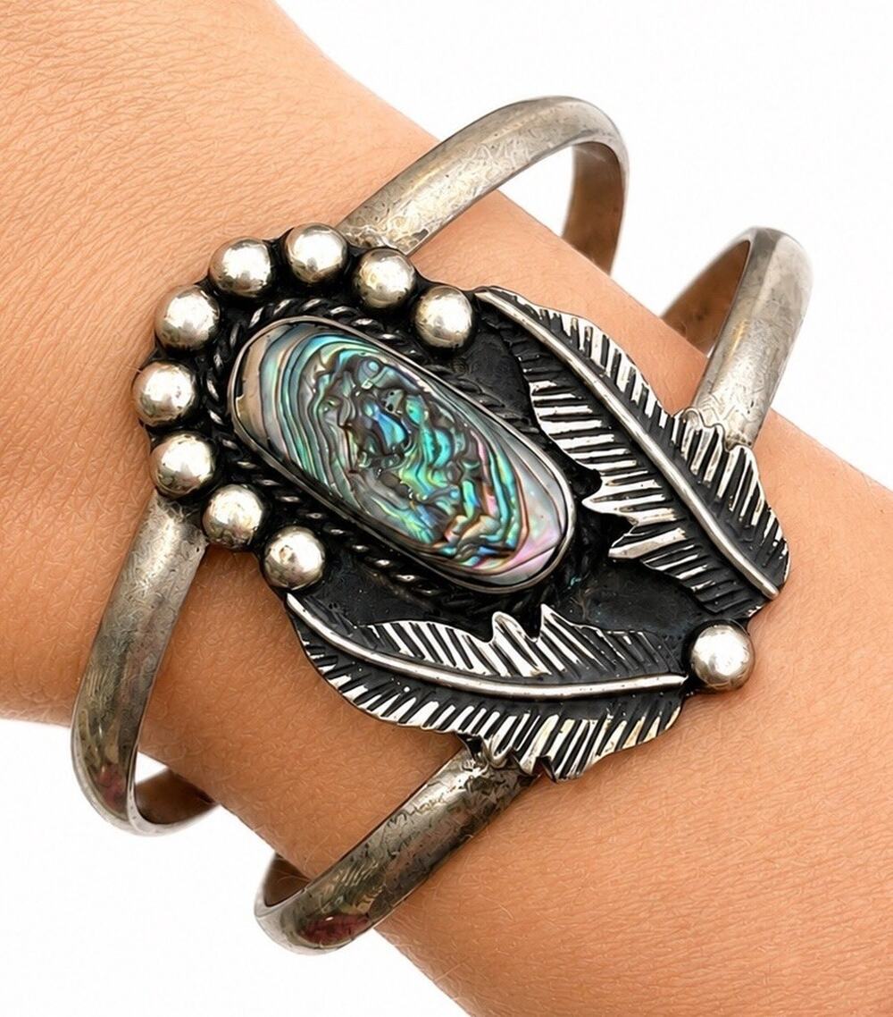 Vintage Navajo Sterling Silver Abalone Feather Cuff Bracelet HUGE Statement 37g